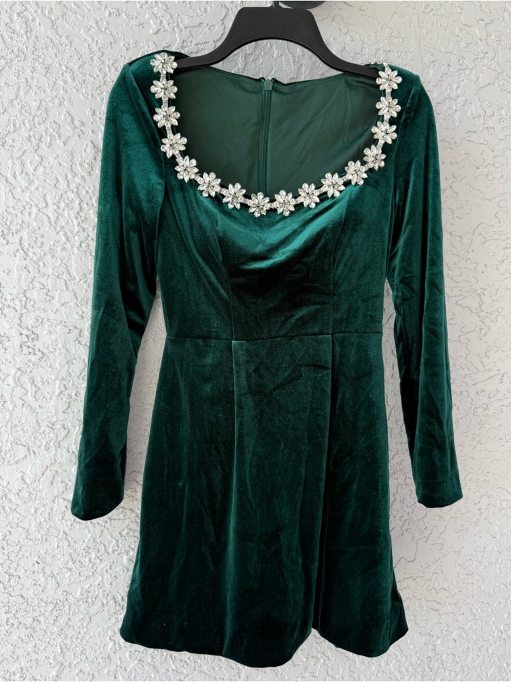 New fashion Green Velvet Rhinestone Long Sleeve Mini Dress size XS